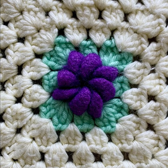 Vintage Granny Square Crochet Afghan Blanket Purple & Yellow 3D Flowers 79”x43” - Picture 3 of 6